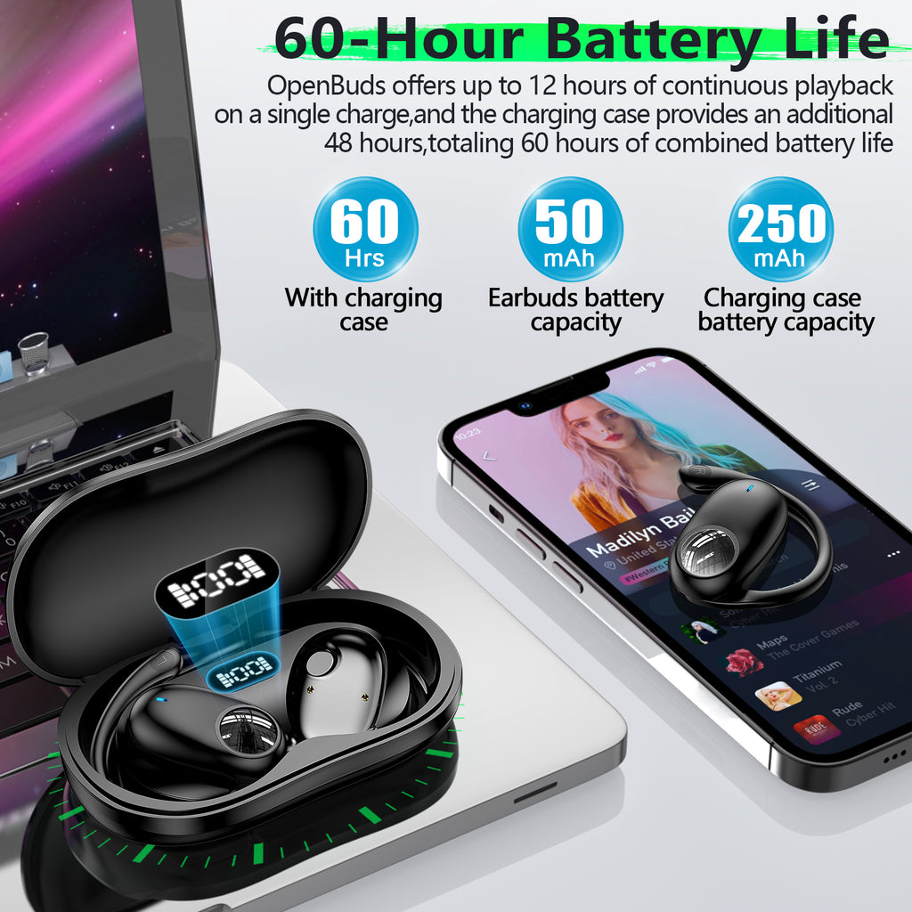 Open Ear Wireless Headphones – Bluetooth 5.3, 60H Playtime, Digital Display