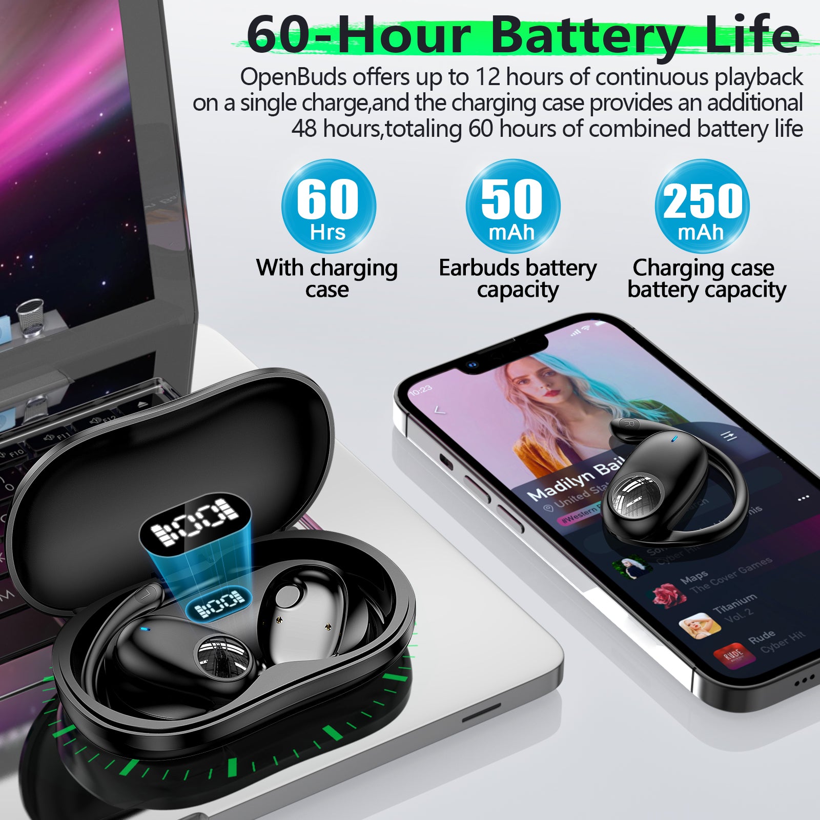Open Ear Wireless Headphones – Bluetooth 5.3, 60H Playtime, Digital Display