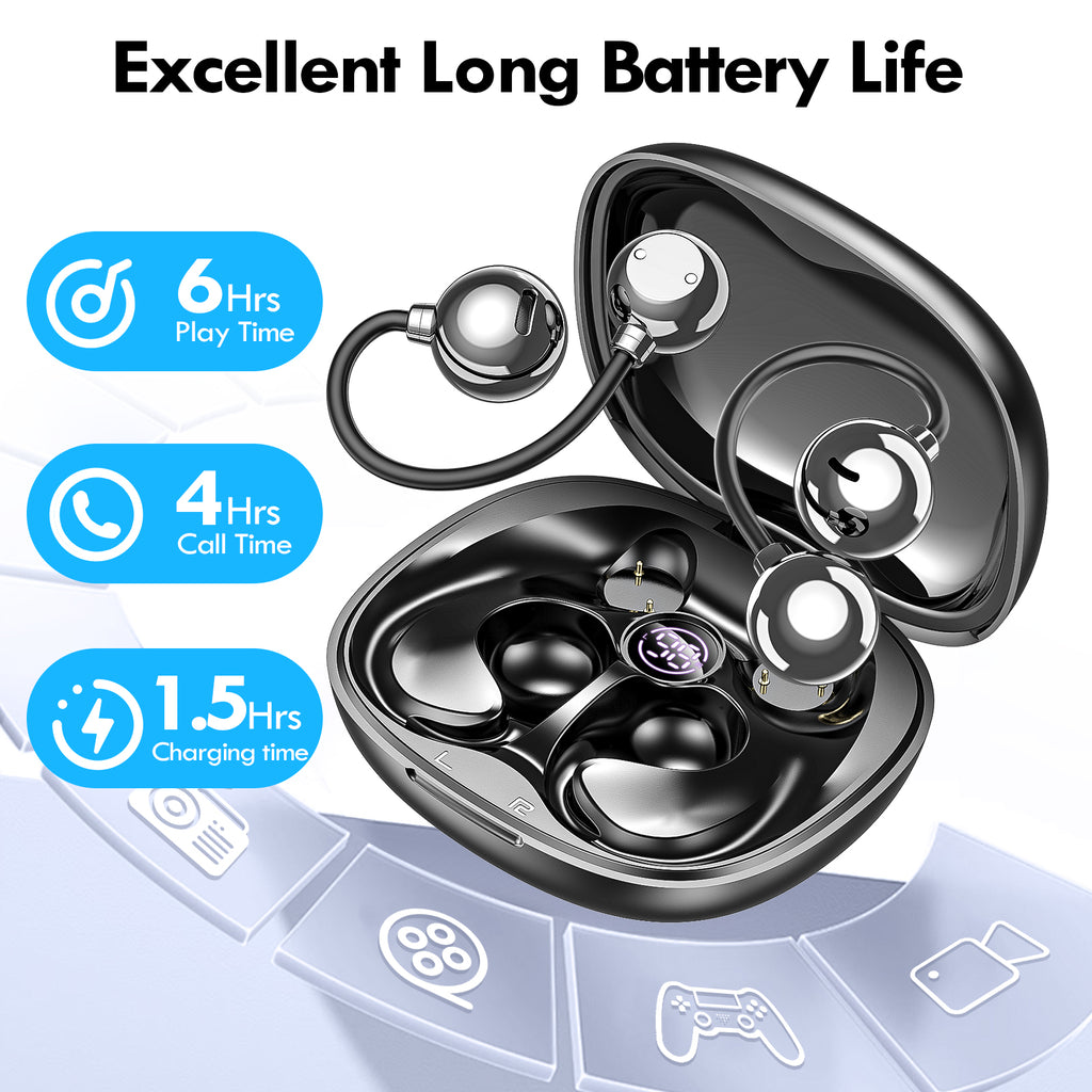 Open-Ear Wireless Earbuds – 180° Adjustable, 48H Playtime, Digital Display