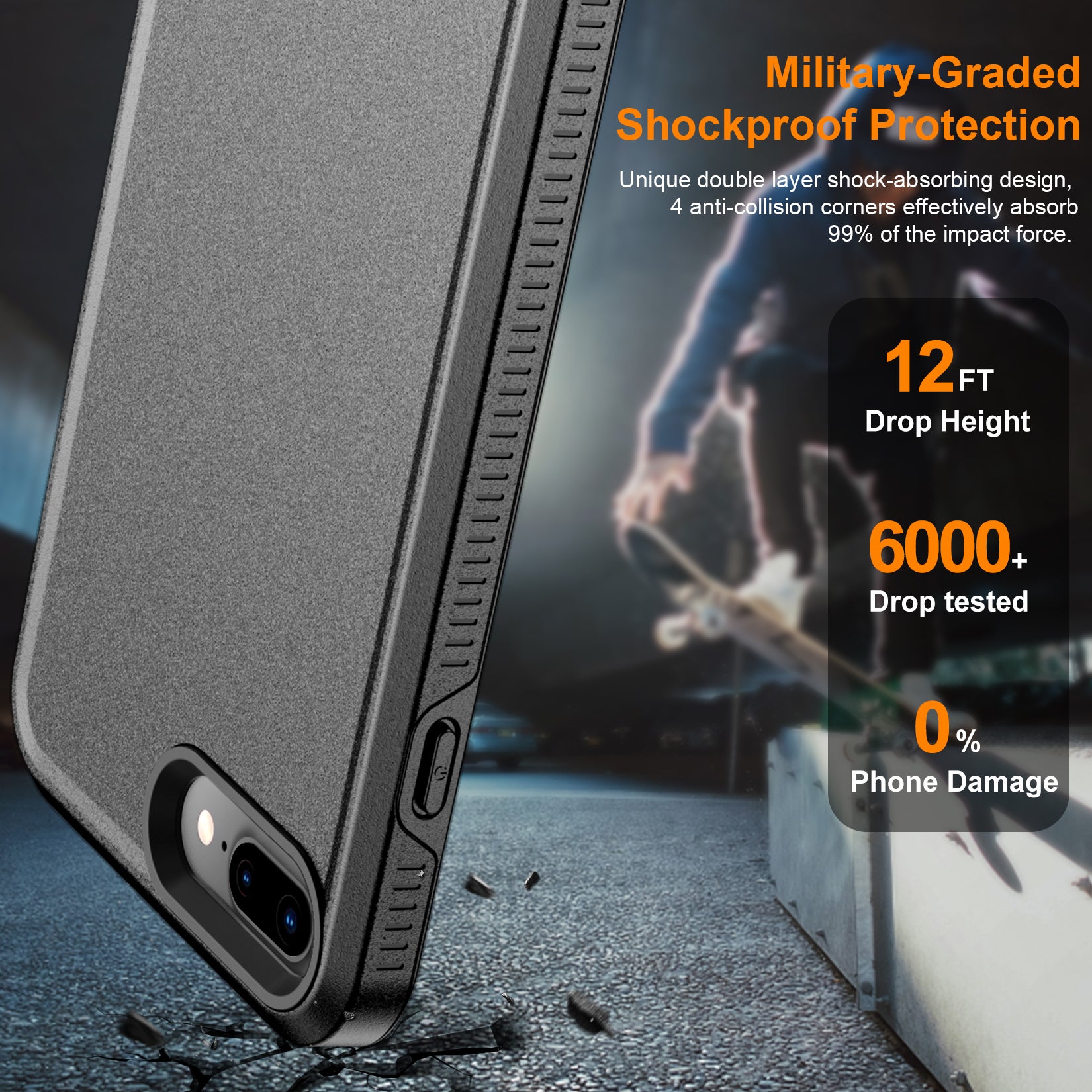 For Phone 7 Plus / 8 Plus Heavy Duty Case – 12FT Military Drop Proof + 2x 9H Glass Screen Protectors