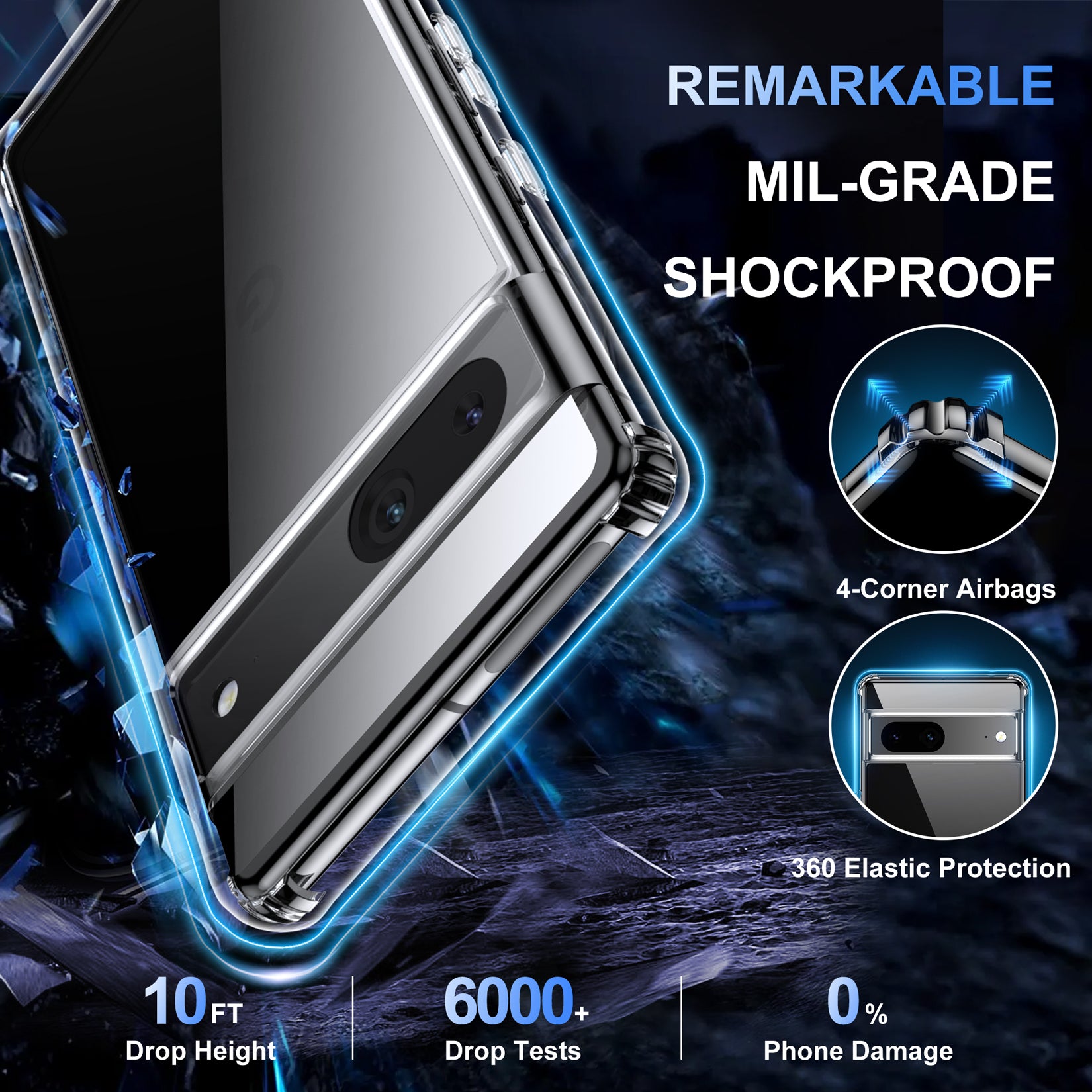 For Pixel 7 Crystal Clear Case – NonYellowing, 10FT Military Grade Shockproof, with Camera Lens Protector